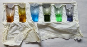 Vintage Boxed Set of Six Etched Colored 2 1/2 Inch JAPAN Shot/Liqueur Glasses - Picture 1 of 3
