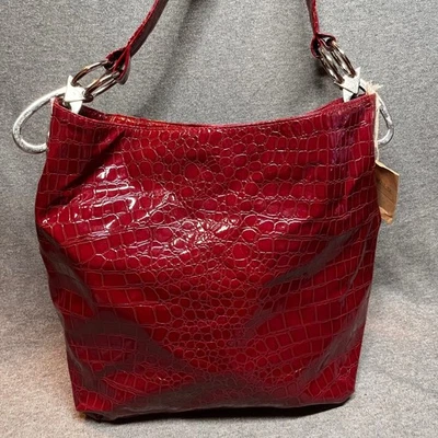 Braciano Red Croc Embossed Patent Leather Shoulder Bag Hobo Purse New - Image 1 of 4