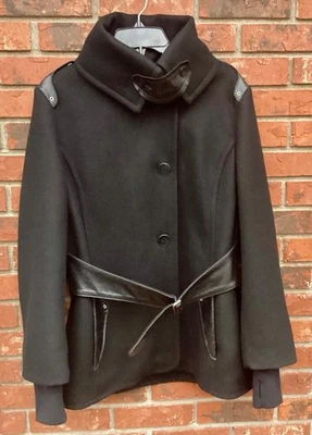 Gabardina larga para mujer RUDSAK negra tejida mezcla de lana ribete de cuero talla pequeña (Rk. Foto 1 de 4