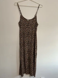 VTG Aerie Slip Dress Med Maxi Leopard Print Strappy V Neck Side Slits Raw Hem - Picture 1 of 10