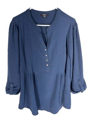 Blusa mujer COCOMO talla grande 3X azul plisada poliéster cuello en V manga lengüeta enrollable Foto 1 de 4