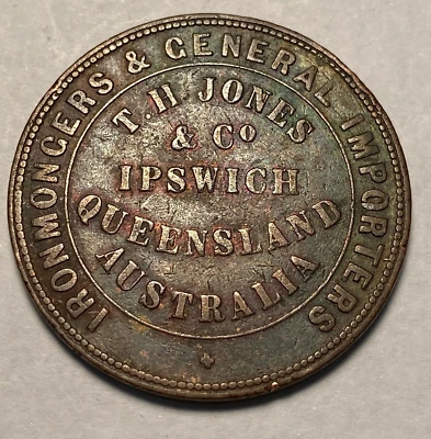 1858 Australia T.H. Jones & Co. 1D Token Original VF Nice Original Patina CHRC - Image 1 of 2