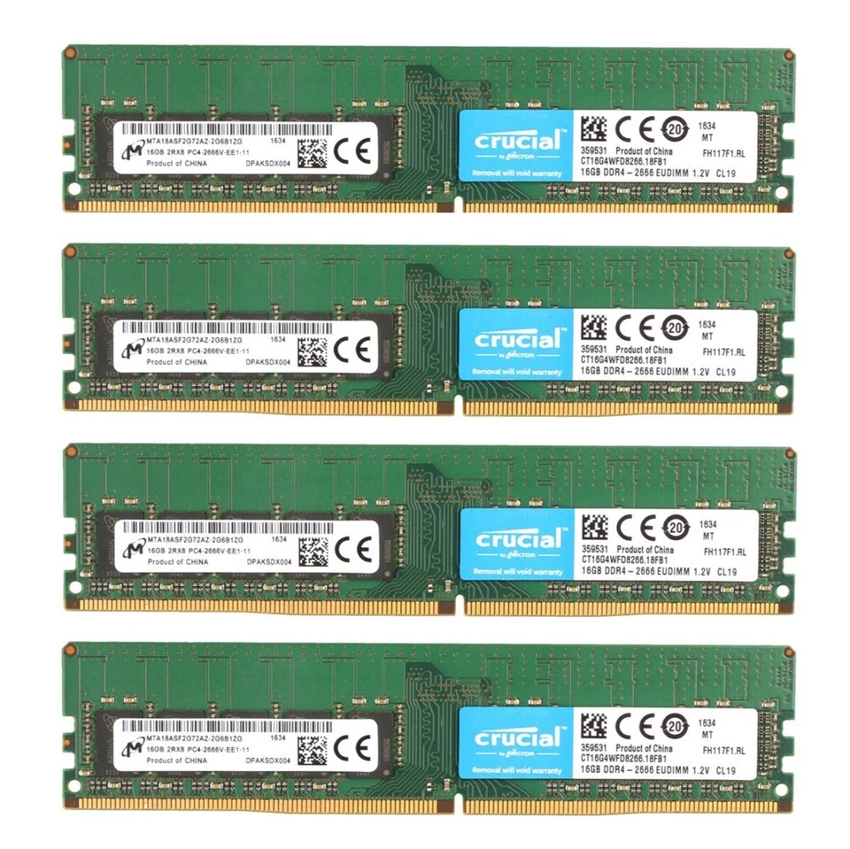 New Crucial 64GB (4X 16GB) DDR4 2666MHz PC4-21300 ECC UDIMM Memory CT16G4WFD8266 - Image 1 of 4