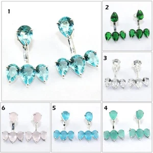 Pear Multi-Color Chalcedony Hydro Quartz Silver Plated Stud Cum Jacket Earrings - Picture 1 of 28