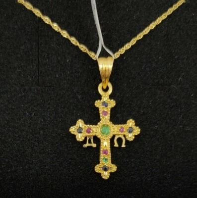 Anhänger Und Kette Gold 18k 750. Kreuz von Die Victoria. Rubin,Saphir Smaragden - Bild 1 von 4