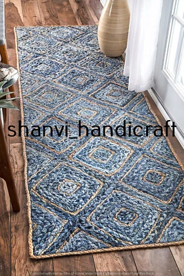 Handmade Rag Rug Braided Jute Runner Rug Bohemian 80X360 CM Jute Denim Floor Rug - Image 1 of 4