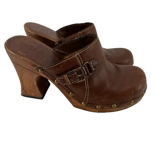 MIA Wooden Clogs Mules Y2K Brown Distressed Leather Womens US Size 7 Chunky Heel - Picture 1 of 14
