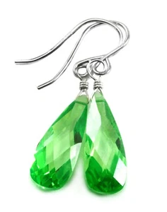 14k Gold Cubic Zirconia Earrings Simulated Peridot Green CZ Sterling Dangles - Picture 1 of 4