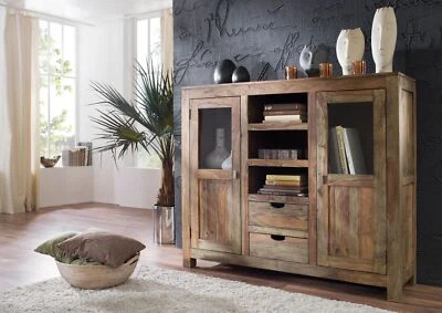 Natur Echtholz Kommode grau Highboard Schrank hell Vitrine Sheesham Massivholz - Bild 1 von 4