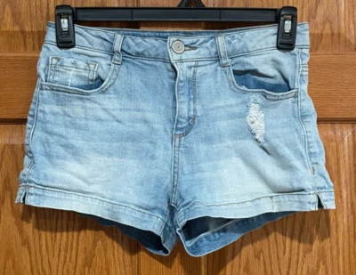 Pantalones cortos de mezclilla para mujer SO 7 azules con corte de tiro alto desgastados azul claro Foto 1 de 4