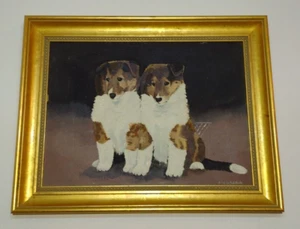 Vintage gerahmter Collie Hund Ölgemälde handbemalt Künstler signiert zwei Hunde Welpen - Bild 1 von 21
