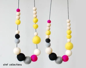 Wooden bead necklace Pink Neon felt balls, Fashionable women necklace Girl - Photo 1/3