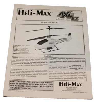 Heli-Max AXE EZ Instruction Manual ONLY RC Helicopter - Image 1 of 2
