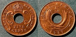 East Africa 1937 H 5 Cents - George VI KM-25.1 Bronze UNC #21 - US Seller - Picture 1 of 1