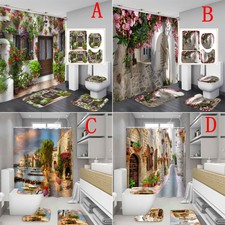 Flowers Street Shower Curtain Bath Mats Toilet Lid Cover Rugs Bathroom Set Decor