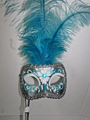 Beautiful Venetian Hand Painted Mask Venice Feathers Blue Masquerade with Handle - Image 1 of 4