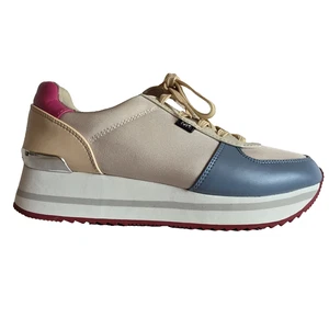 Michael Kors Platform Wedge Sneaker 8.5M L527J Pink Blue Cream Chunky - Picture 1 of 12