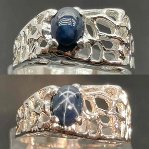 1.715 CT STAR SAPPHIRE .925 STERLING SILVER MENS NUGGET RING SZ 10.75, 5+GRAM - Picture 1 of 11