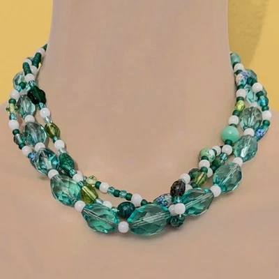 Все стекла бисером ожерелье тройной прядь зеленый цветочный Lampwork бисер заявление - Изображение 1 из 4