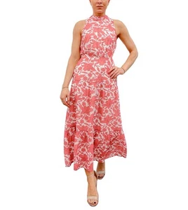 Sam Edelman Womens High Neck Tie Back Floral Midi Maxi Dress Pink White Size 2X - Picture 1 of 8
