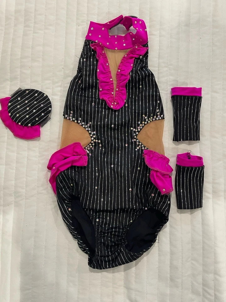 Disfraz de jazz negro y rosa personalizado para niñas talla 10/11: con puños y tocado  Foto 1 de 3