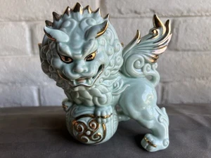 Beautiful Vintage Foo Dog Shishi Lion Blue Gold Porcelain Figurine 6”x 6”approx. - Picture 1 of 21