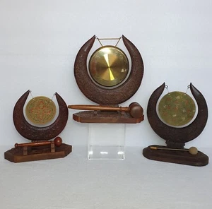 Vintage Ornate Anglo India Wood Hand Carved Relief Dinner Gong Stand - LOT OF 3 - Picture 1 of 12