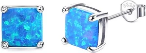 925 Sterling Silver 6mm Princess Cut Square Blue Fire Opal Stud Earrings  - Picture 1 of 9