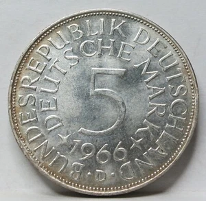 GERMANY West Federal 5 Mark 1966 D UNC Munich Silver Eagle Luster DM #E81 - Picture 1 of 4