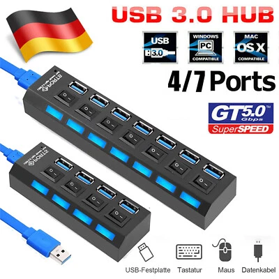 USB 3.0 Hub 4/7 Port Splitter Adapter mit aktivem Netzteil Verteiler für Laptop - Bild 1 von 4