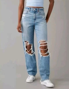 American Eagle Strigid Ripped Highest Rise Baggy Straight Jean med wash 6 short - Picture 1 of 23