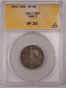 Moneda de plata Standing Liberty Quarter 25c 1917 var 1 ANACS VF-20 A (1) - Imagen 1 de 2