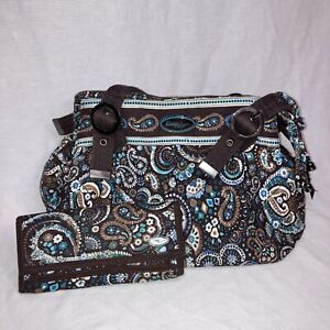 Donna Sharp Quilted Shoulder Purse Handbag + Matching Wallet Billfold Brown Teal