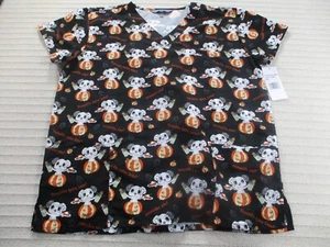 Halloween Women Dog Scrub Shirt Large Pumpkin Latte Black Puppy Dalmatian New - Picture 1 of 11