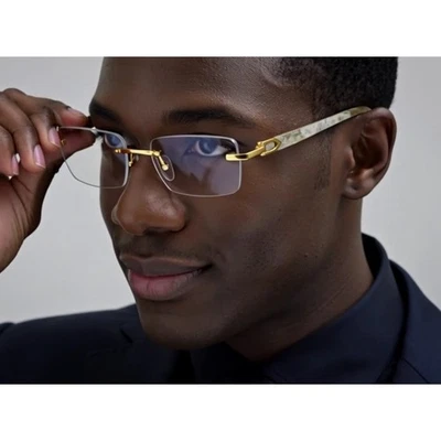 Rimless Eyeglasses Gold Clear Lens Wood Grain Arms Men's Fashion Hip Hop Lenetes - Image 1 of 4