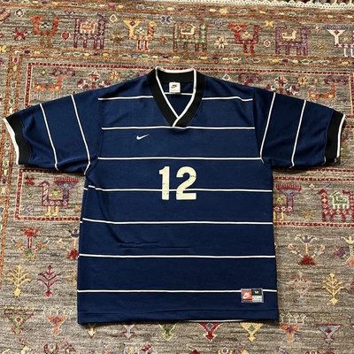 复古耐克足球球衣中号美国制造蓝色条纹 Vneck Y2k — 第 1/4 张图片