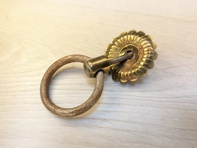 Brass & Iron Ring Drawer Pull & Ornate Back Plate Antique Early 19th Century - Image 1 of 4