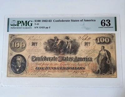 $100 1862-63 Confederate Currency CSA T-41 PMG 63 ~ With Interest Paid Stamps - Image 1 of 2