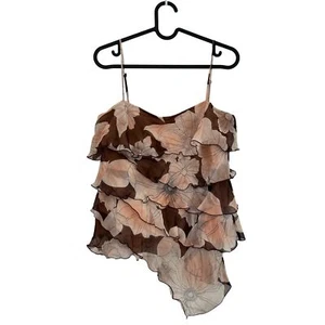 VTG BCBGMaxAzria Fairy Silk Peach Brown Floral Y2K Asymmetric Layered Tank Small - Picture 1 of 4
