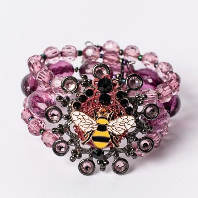 Pulsera con cuentas de abeja, regalo de abeja, regalo de mujer, púrpura y amarillo, hecha a mano, única Foto 1 de 4