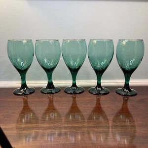 Vintage Libbey Juniper Green Teal Teardrop Goblets Glasses Wine Water Set Of 5 - Picture 1 of 13