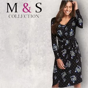 M&S COLLECTION Womens Black Floral Print Asymmetric Wrap Midi Dress UK 10 - Picture 1 of 4