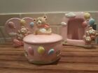Vintage Japan 3 Piece Pink Ceramic Teddy Nursery Set Planter Frame Trinket Box 