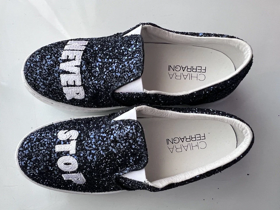 Chiara Ferragni "Never Stop" Blue Glitter Slip On Sneaker Sz EUR 38 - Image 1 of 4