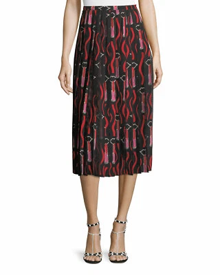 Valentino Skirt Pleated Lace Lipstick Kiss Silk 2 XS Zandra Women Teen Black Red - Image 1 of 4