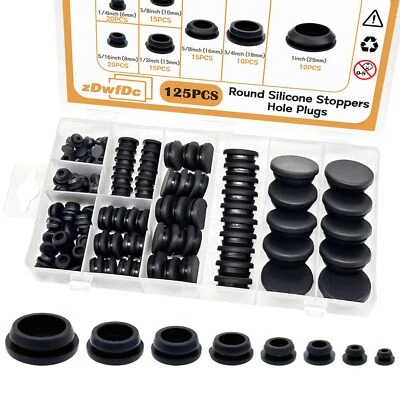 ZDWFDC 125PCS 8 Sizes Black Rubber Plugs for Round Holes Silicone Plugs 1" 3/4" 5/8"...