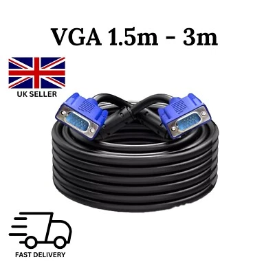 VGA Cable 15 PIN MALE TO MALE  PC MONITOR TV LCD PLASMA HD SVGA LEAD 1.5m - 3m - Image 1 of 4
