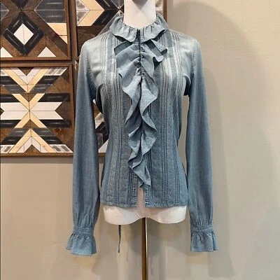 Vintage Ralph Lauren Cotton Denim Blue Ruffled Lace Long Sleeve Blouse 8 - Image 1 of 4
