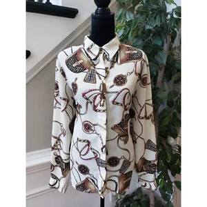 Alfred Dunner Button Down Shirt Women Size 18 Beige & Brown Long Sleeve Collared - Picture 1 of 13