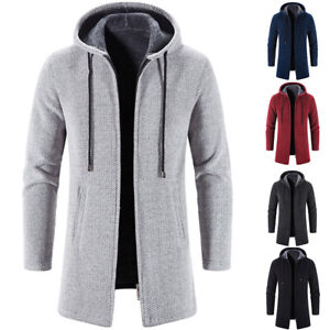 Mens Fleece Line Long Coat Insulated Knitted Zip Cardigan Winter Warm Jumper Top